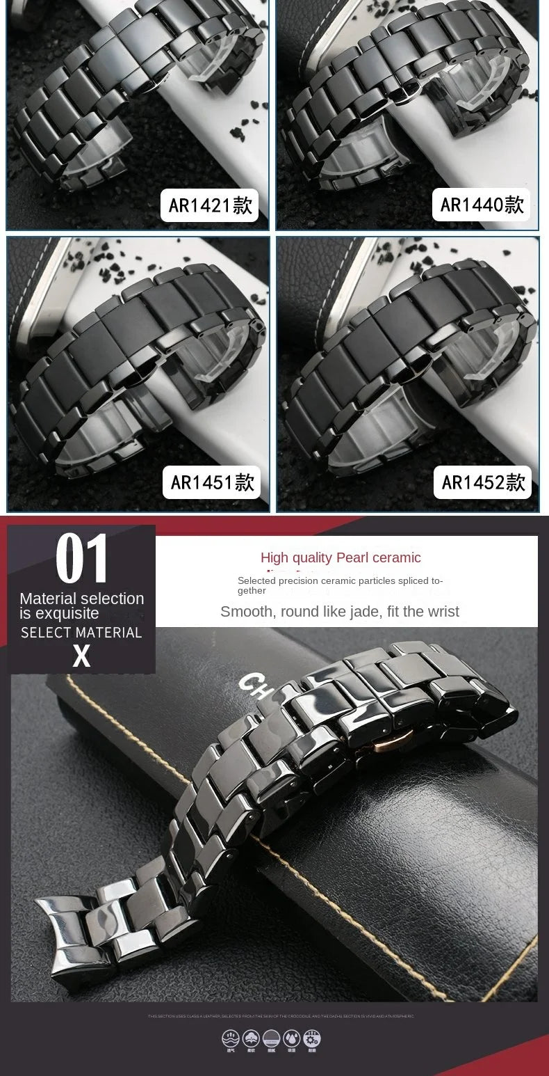High quality Ceramic case watchband for Armani watch AR1451 AR1452 AR1400 AR1410 AR1421 AR1440 Men's black strap accessories