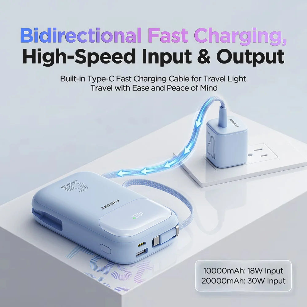 PISEN 45W Fast Charging Power Bank Built-in Dual USB-C Cable 10000mAh/ 20000mAh Mini Portable Powerbank For iPhone 17 Xiaomi