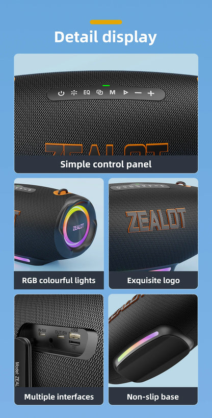 ZEALOT S127100W Powerful subwoofer Portable wireless speaker,24000mAh Battery,RGB Light,Great for Gift-Giving Birthday/Christmas