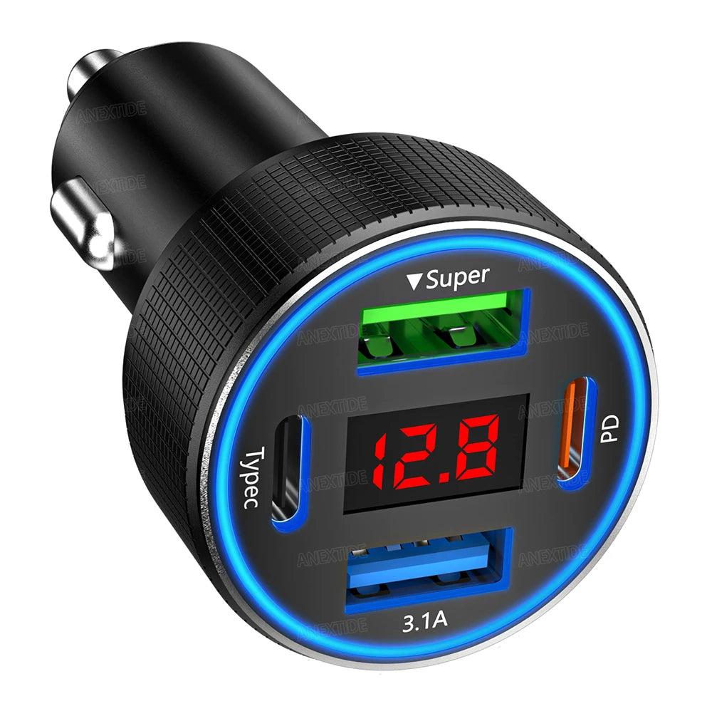 USB C Car Charger 4 Port Car Charger Adapter with LED Voltmer, Aluminium Alloy Car Cigarette Lighter USB Charger