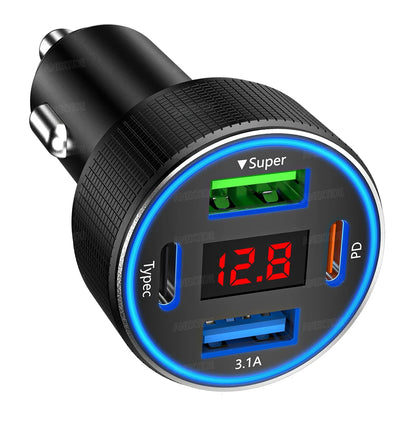 USB C Car Charger 4 Port Car Charger Adapter with LED Voltmer, Aluminium Alloy Car Cigarette Lighter USB Charger
