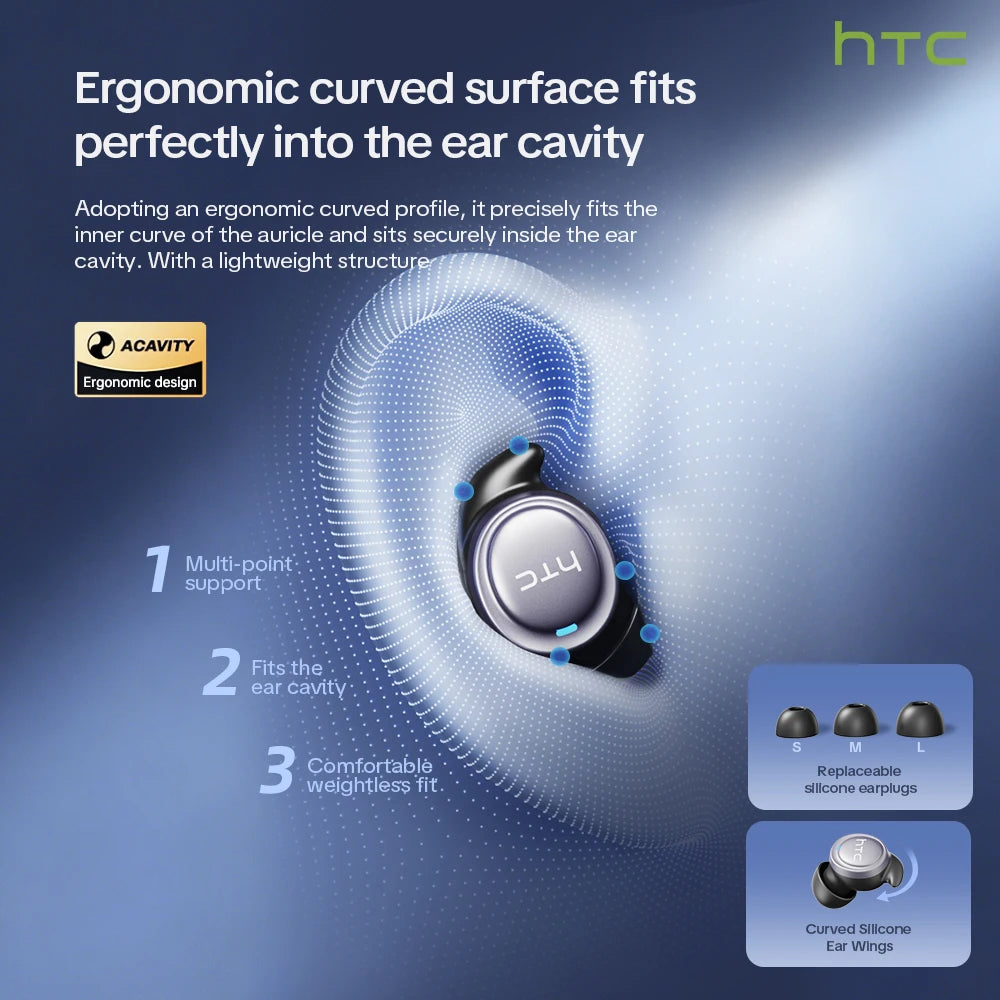 HTC NE96 Bluetooth 6.0 Wireless Earbuds Noise Cancelling Sleep Headphones 30H Battery Life Premium Acoustic Tuning Ultra-light