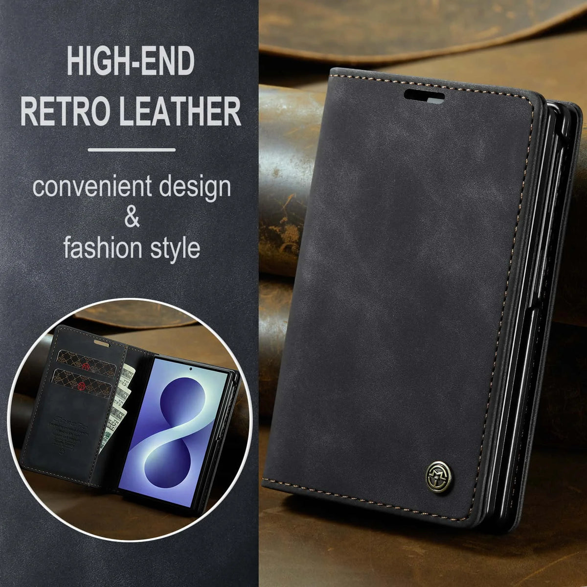 Shockproof Leather Case for Samsung Galaxy Z Fold 8 Flip Wallet Folio Card Holder Magnetic Clasp Protective Cover with Stand