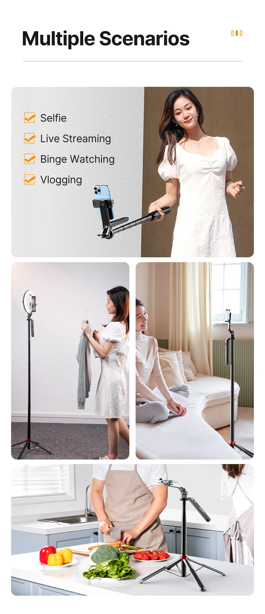 Ulanzi MA09 1.74m Selfie Stick Tripod for iPhone 17 15 Android Phone w Remote Control Panoramic Ball Head Holder U200 VL49 Kit