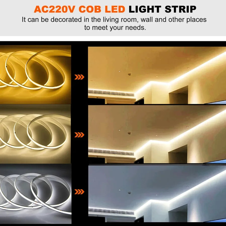 AC220V 240LEDs/M COB LED Strip Light Flexible Tape Lights Smart IC No Need Driver High Bright Linear Lighting RA95 Warm White