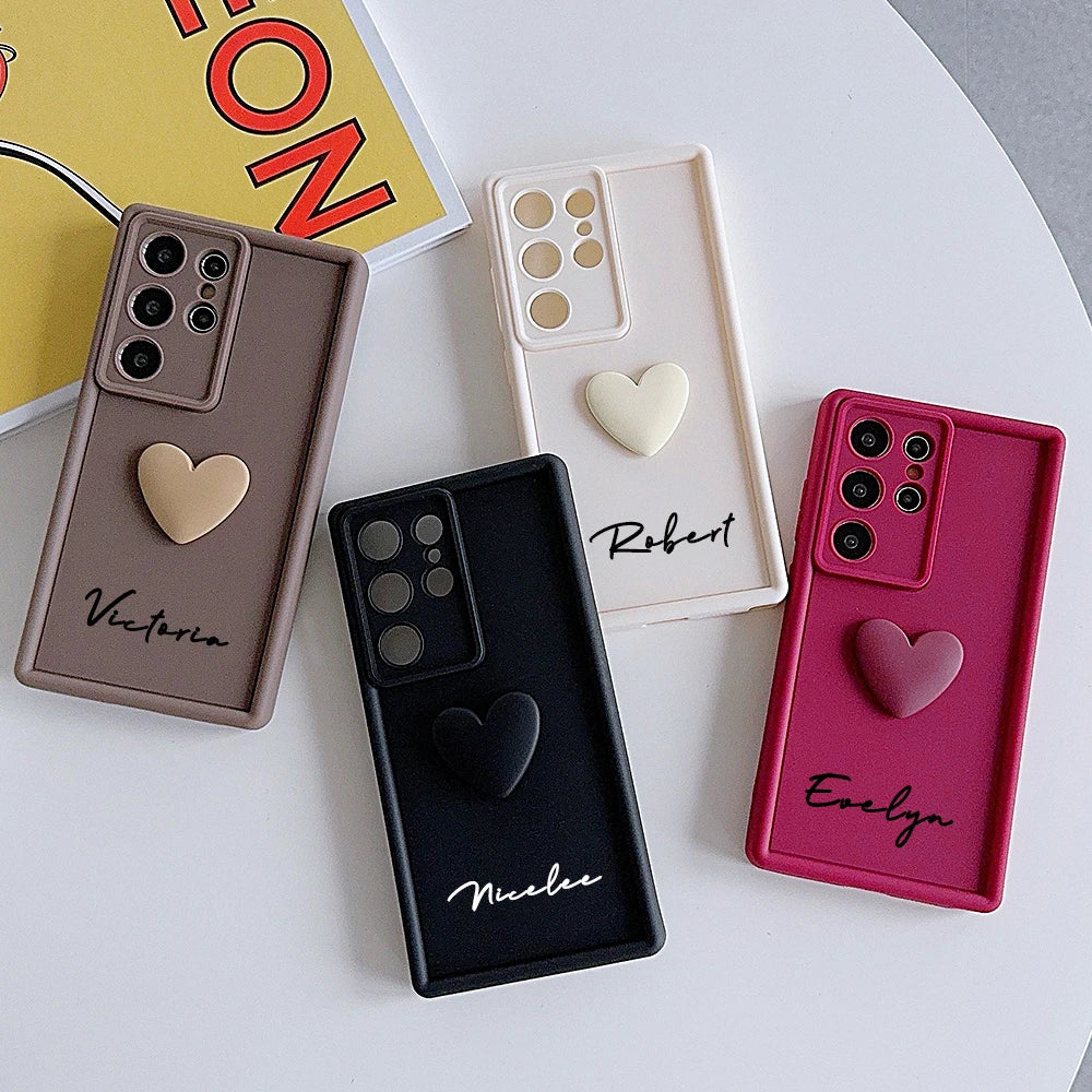Customized Text 3D Love Heart Case For Samsung Galaxy S20 S21 S22 S23 S24 S25 S26 FE Plus Ultra 5G Luxury Soft Cover