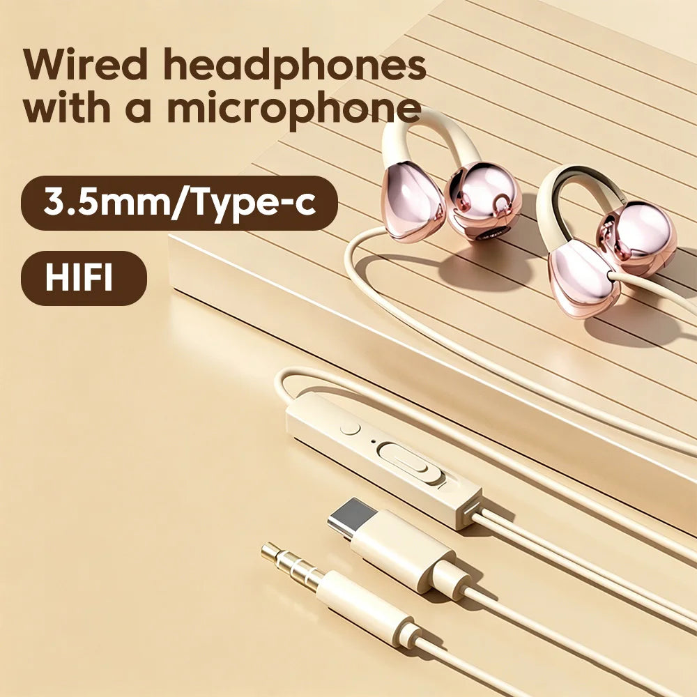 3.5MM/Type C Wired Headphones With Microphone HiFi Sound Ear Clip Non-in-ear Wired Earphones for iphone 15 16 17 Samsung