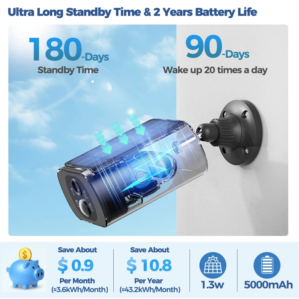 2.5K Solar Security Camera Wireless Outdoor WiFi Camera Long Standby,24/7 Recording,Color Vision,AI Detection Surveillance Cam