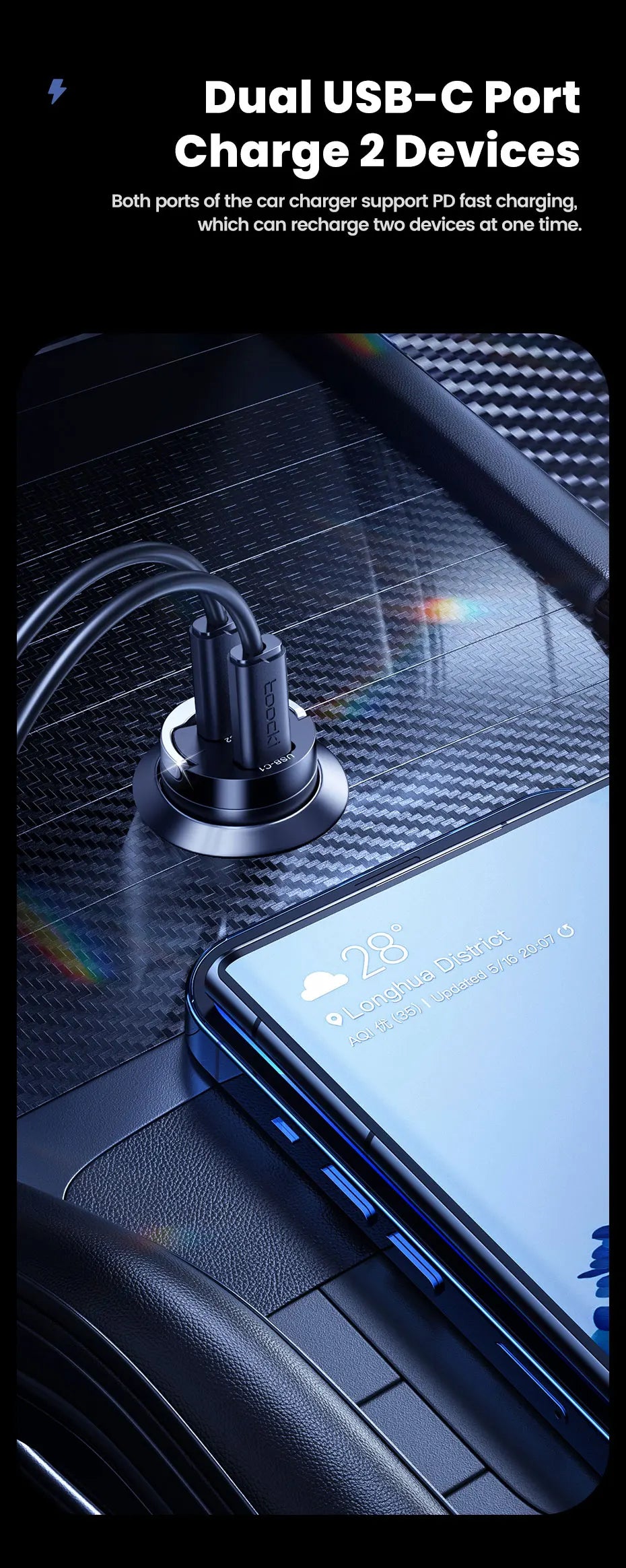 Toocki 45w Car Charger Dual Type C PD45w Fast Charging Car Phone Adapter For Xiaomi iPhone Oneplus Samsung Huawei POCO Cellphone