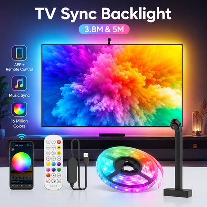 TV Sync LED Backlight with Mnini Camera, RGBIC Strip Light, Bluetooth APP & Remote Control, Music Sync, 3.8M/5M USB Lamp Tape