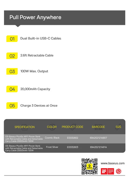 Baseus 100W 20000mAh Power Bank Retractable USB-C Cable for iPhone 18 Duo 17 Pro Max Samsung S26 Portable Charger for Laptop