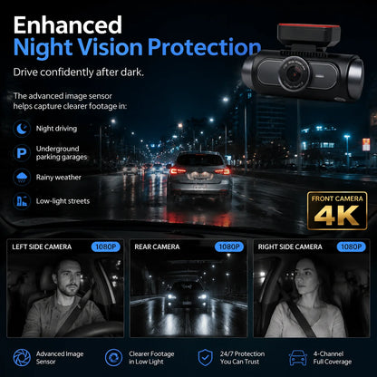 4K 4-CHs Dash Cam WiFi GPS, Front Rear Left Right Car Video Recorder, 24H Parking Monitoring Night Vision Dashcam Supercapacitor