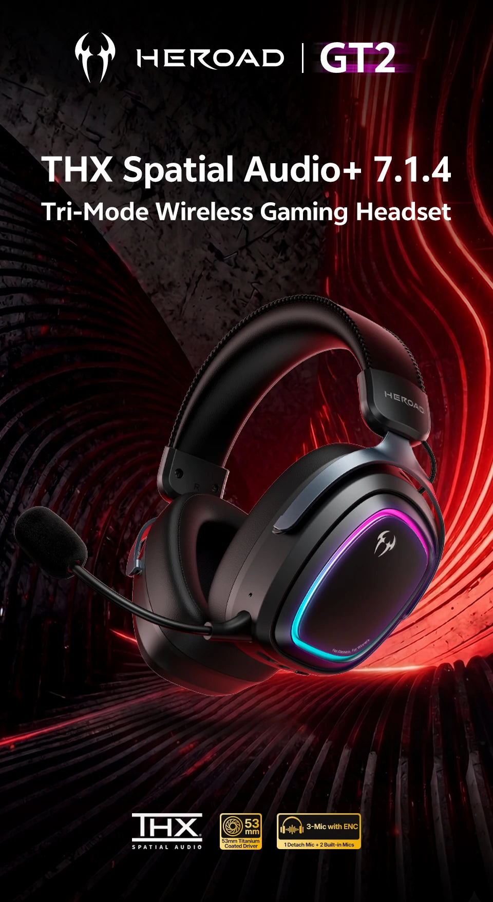 QCY Gaming Headset Heroad GT2 THX Spatial Audio+ 7.1.4 Tri-mode RGB 3-Mic ENC Over Ear Headphone for PC/PS4/PS5 Headset Gamer