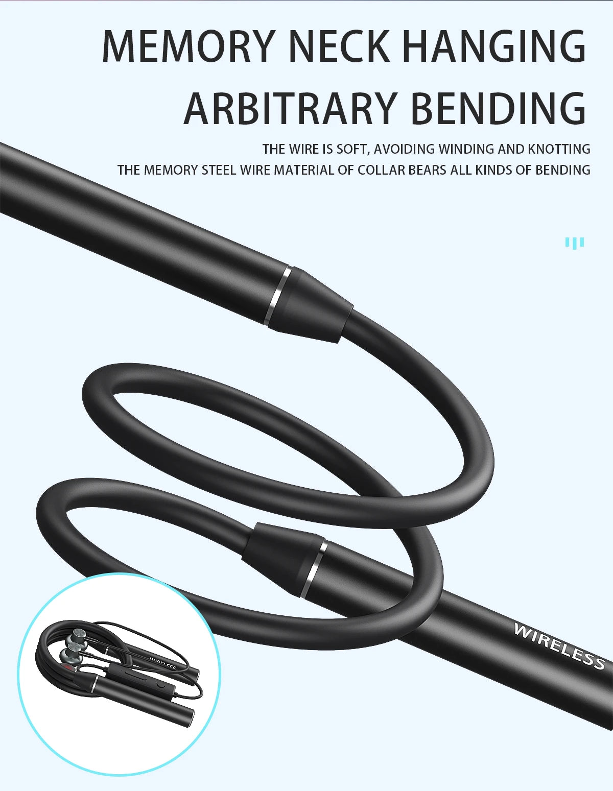 Neck-mounted TWS sports Bluetooth earphones with a metal casing, memory neckband, bendable and portable. Supports TF card playback for music. Dual battery design for ultra-long battery life. Supports simultaneous connection t