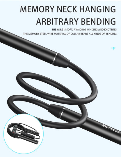 Neck-mounted TWS sports Bluetooth earphones with a metal casing, memory neckband, bendable and portable. Supports TF card playback for music. Dual battery design for ultra-long battery life. Supports simultaneous connection t