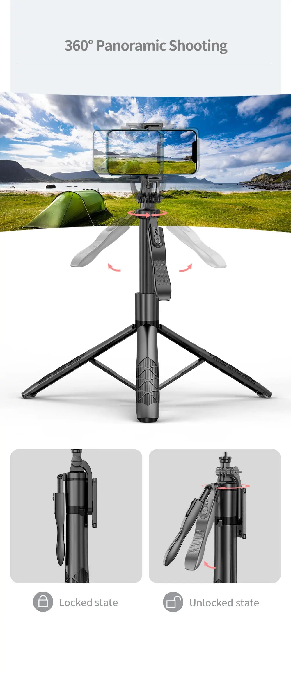 1.55m Extendable Wireless Selfie Stick Tripod with Bluetooth Remote for iPhone Android GoPro,360°Rotation Phone Stand for Videos