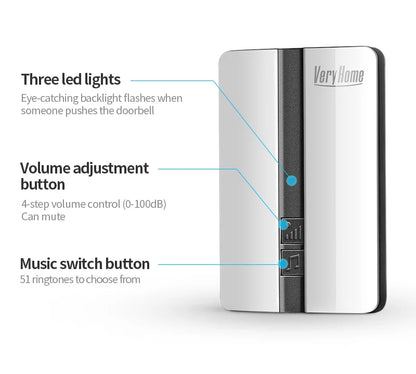 Wireless Doorbell Self-Powered No Battery Waterproof IP44 Wide Voltage 110-240V Global Plugs Long Range Remote Control CE