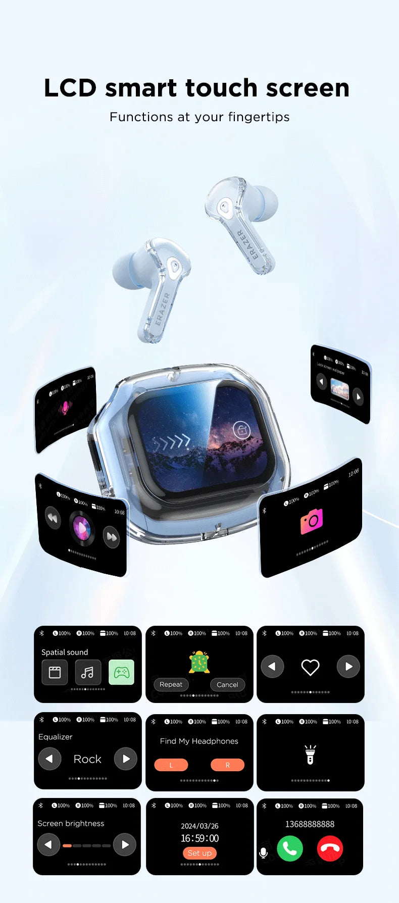 Low Latency Earphones ERAZER XP16 Wireless Earbuds AI Translation High-definition LCD Display For Music Sports Gaming Office
