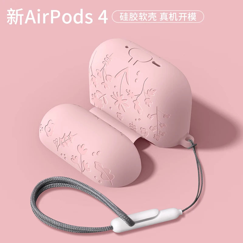 For AirPods 4th Generation Case with Cleaner Kit/Keychain Flower Engraved Silicone Shockproof Cover for 2024 AirPods 4 Case New