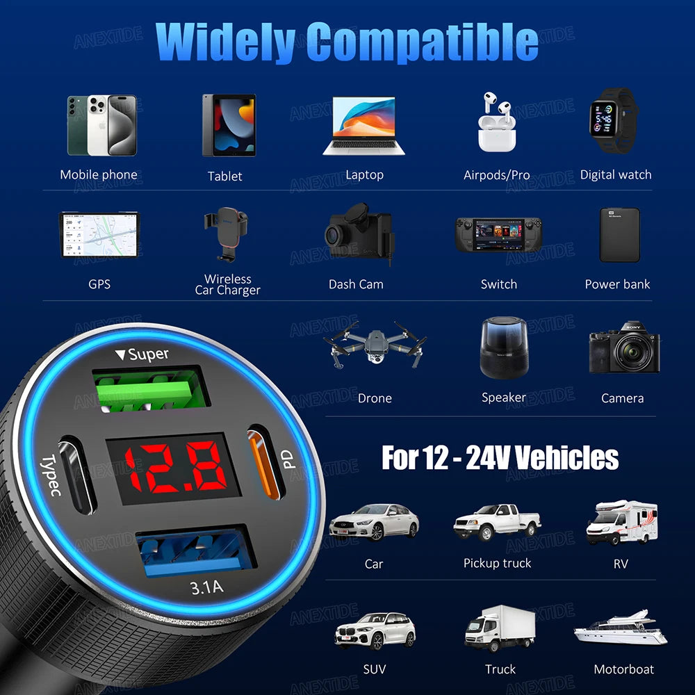 USB C Car Charger 4 Port Car Charger Adapter with LED Voltmer, Aluminium Alloy Car Cigarette Lighter USB Charger