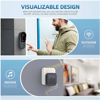 XBIBI Tuya WiFi doorbell, Smart Video Doorbell Camera, 2-way Intercom, Night Vision, microSD/cloud, waterproof, long standby, Wireless Security Camera, Rechargeable Battery