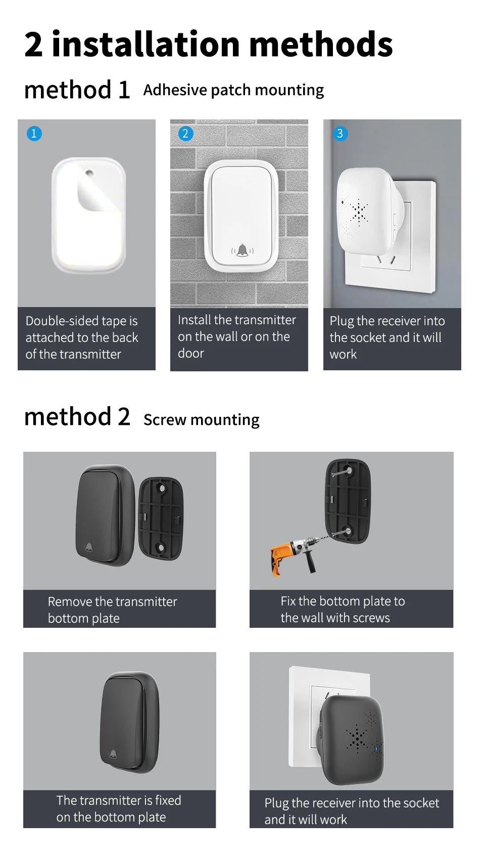 SIXWGH No Battery Self Powered Wireless Doorbell EU Plug Long Range Home Door Bell 38 Tunes 4 Volume Control