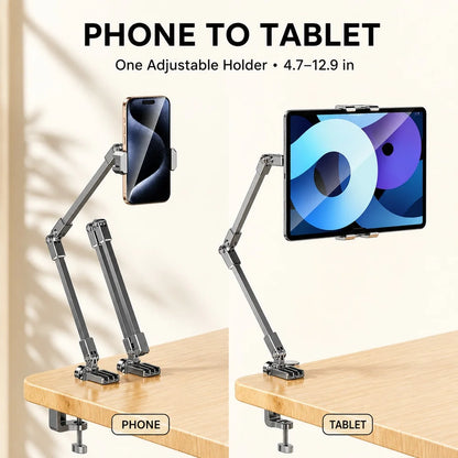 Adjustable Bed Phone Holder Stand for 4.7-12.9 Inch Phone Tablet, Foldable Metal Arm Desk Clamp, 360° Viewing