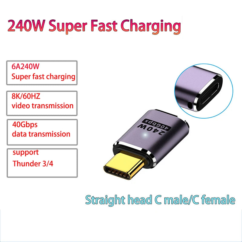 USB 4.0 PD 240W 8K 60Hz Charger Connector for Macbook 40Gbps High Speed USB C OTG U-Shape Straight Angle Male to Female Adapter