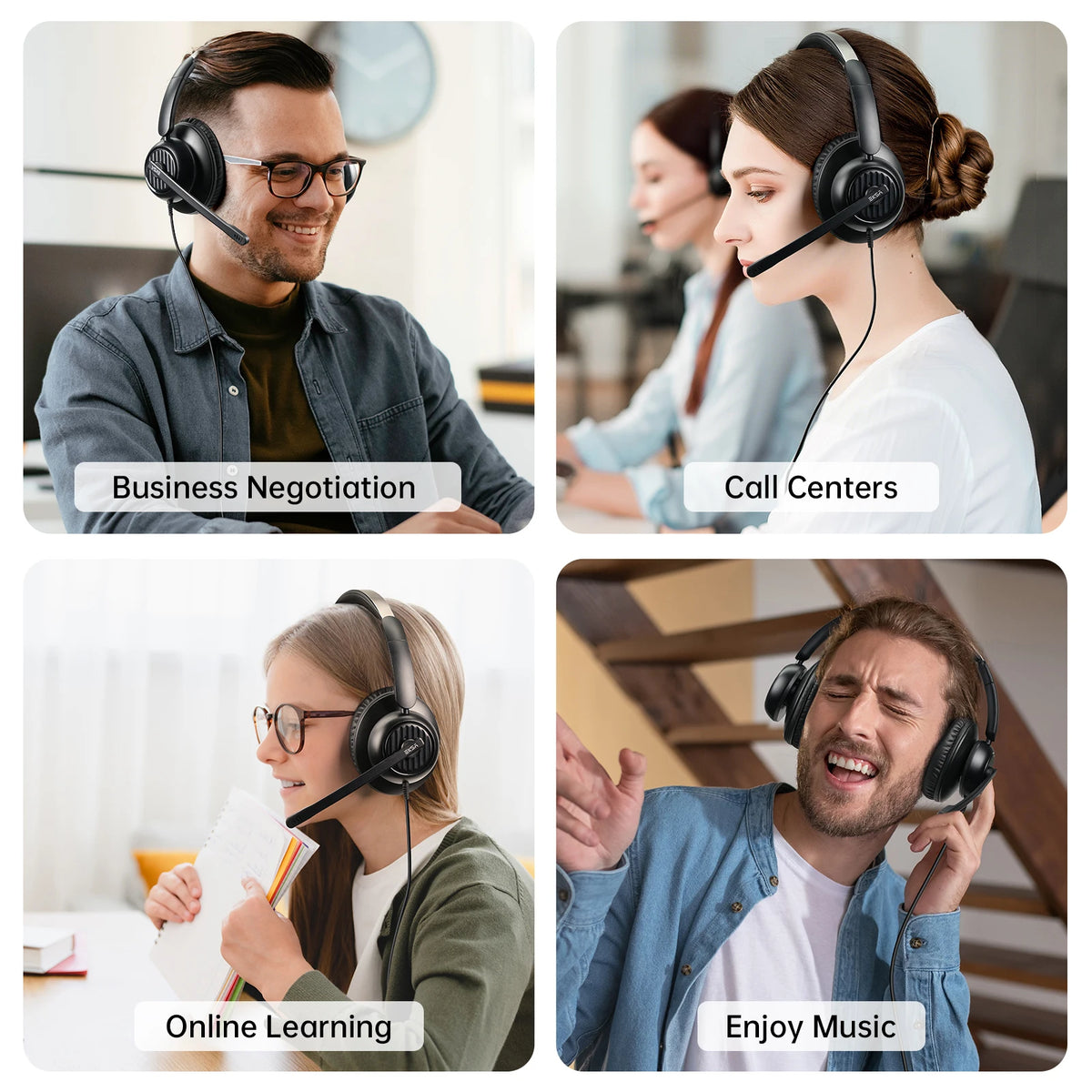 EKSA H8 Office Headset Wired Headphones with Mic USB Type C 3.5mm ENC Noise Cancelling PC Phone Teams Mute Button 40mm Over-Ear