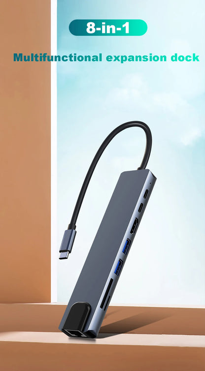 USB C HUB 4K30Hz Docking Station 8-IN-1 USB 3.0 Splitter Type C to RJ45 SD/TF Card Reader for MacBook Notebook Laptop Computer