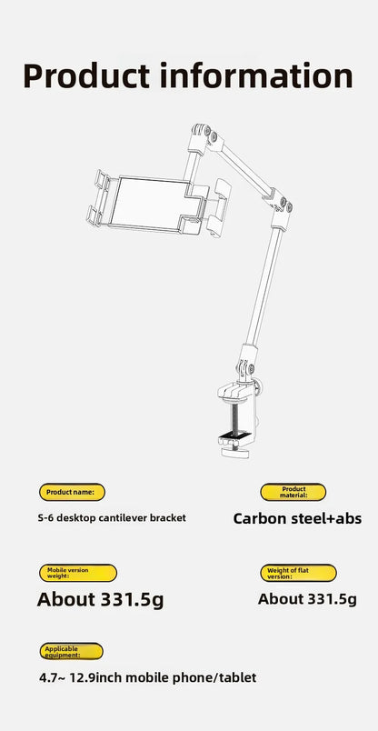 All-metal cantilever lazy overhead phone holder for desktop live streaming, bedside adjustable tablet for iPad bracket