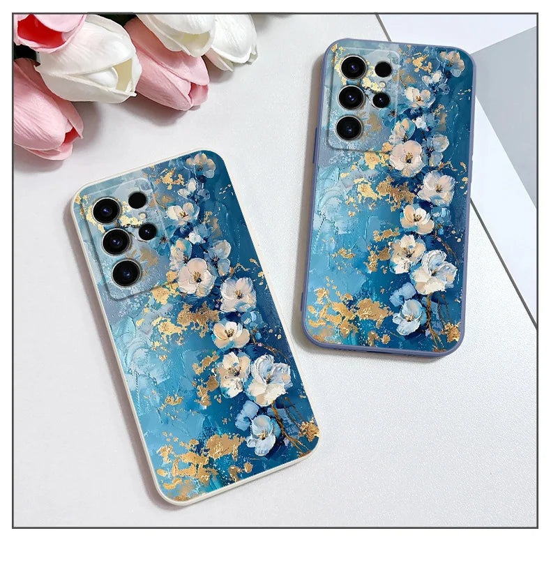 Gold Leaf Flower Phone Case For Samsung Galaxy S25 FE S24 S23 S22 S21 S20 S10 S10E Ultra Plus FE Note 20 Ultra Plus Cover