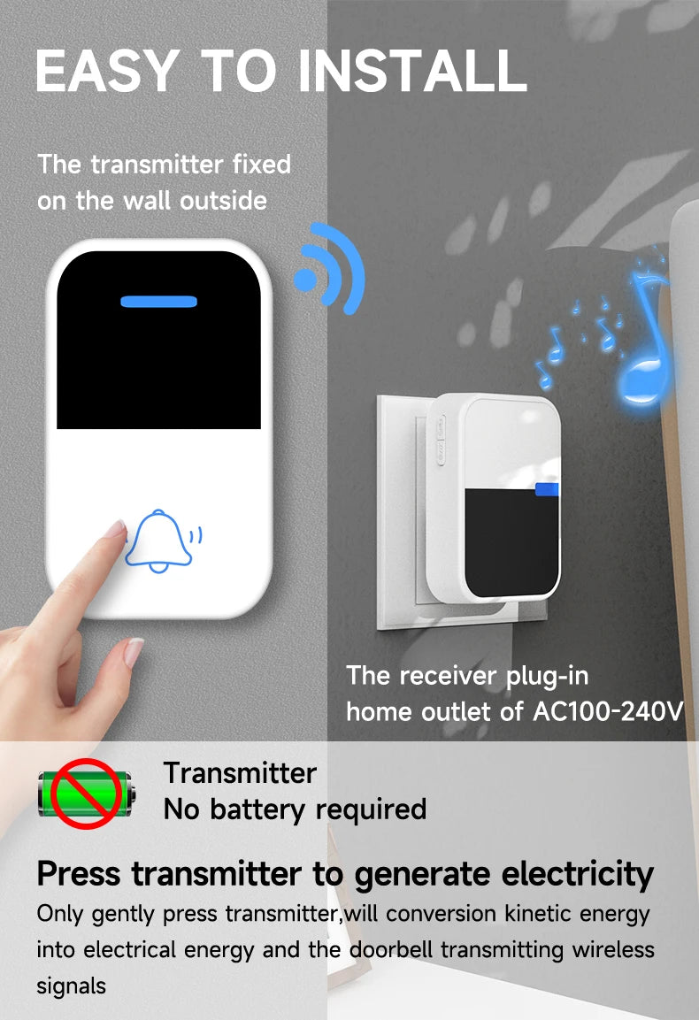 Good Sound Quality High Volume Long-Distance Kinetic Door Bell Household Waterproof Battery Free Self Powered Wireless Doorbell