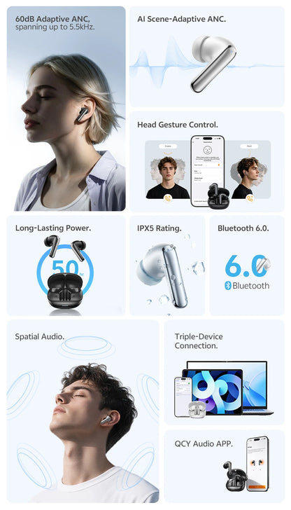 QCY HT21 Wireless Earphones Melobuds N65 -60dB AI Adaptive ANC Earbuds Bluetooth 6.0 LDAC Hi-Res Audio 8 Mics 50Hrs Headset