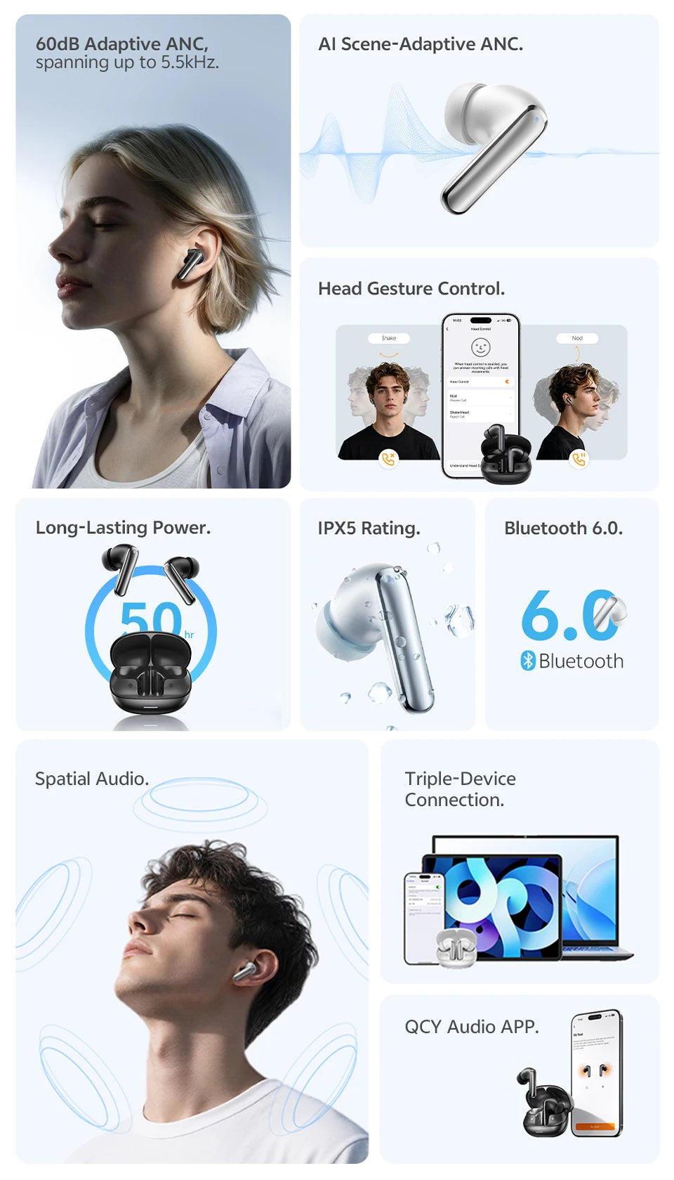 QCY HT21 Wireless Earphones Melobuds N65 -60dB AI Adaptive ANC Earbuds Bluetooth 6.0 LDAC Hi-Res Audio 8 Mics 50Hrs Headset