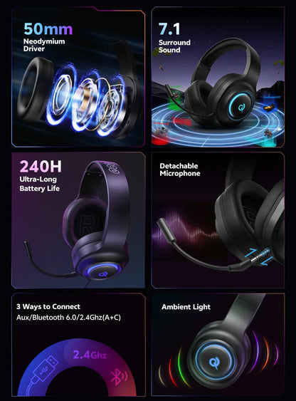 QCY Heroad V200 Gaming Over Ear Headphone Wireless Bluetooth 6.0 with Mic 50mm Driver 7.1 Surround Sound Dynamic EQ RGB Headset