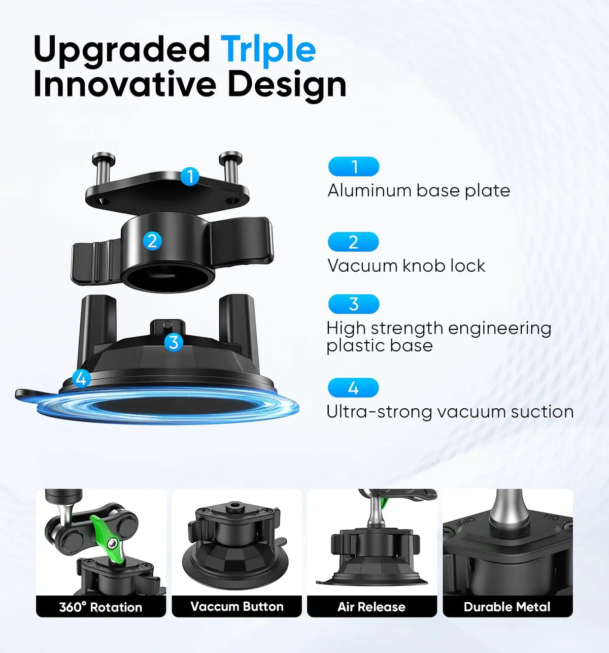 Universal Metal Car Phone Mount, 360° Rotation for Windshield/Dashboard, Suction Cup Holder for IPhone Samsung All Smartphones