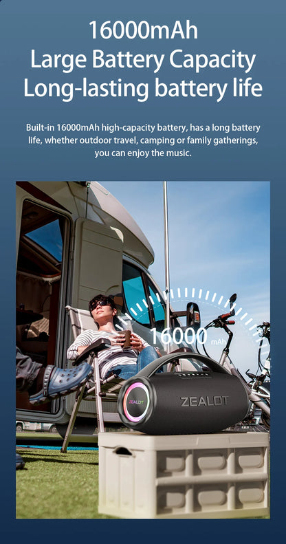 ZEALOT S97 80W Portable Bluetooth Speaker High Volume Waterproof 16000mAh Wireless TWS Subwoofer Suporrt USB/TF/AUX RGB Light.