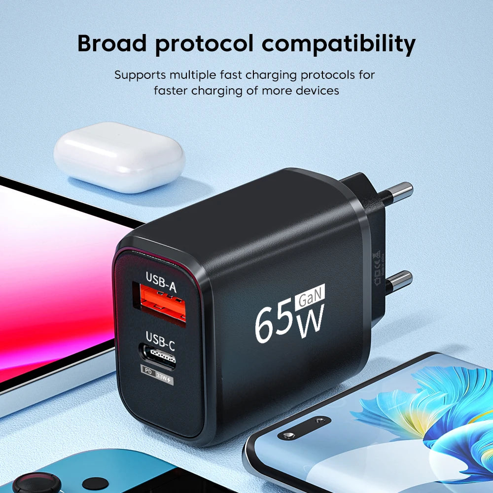 PD 65W GaN 2 In 1 Charger  for iPhone 18 17 XiaomiEU/US Plug USB Type C Fast Charging Wall Charger Portable Quick Charge Adapter