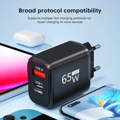 PD 65W GaN 2 In 1 Charger  for iPhone 18 17 XiaomiEU/US Plug USB Type C Fast Charging Wall Charger Portable Quick Charge Adapter