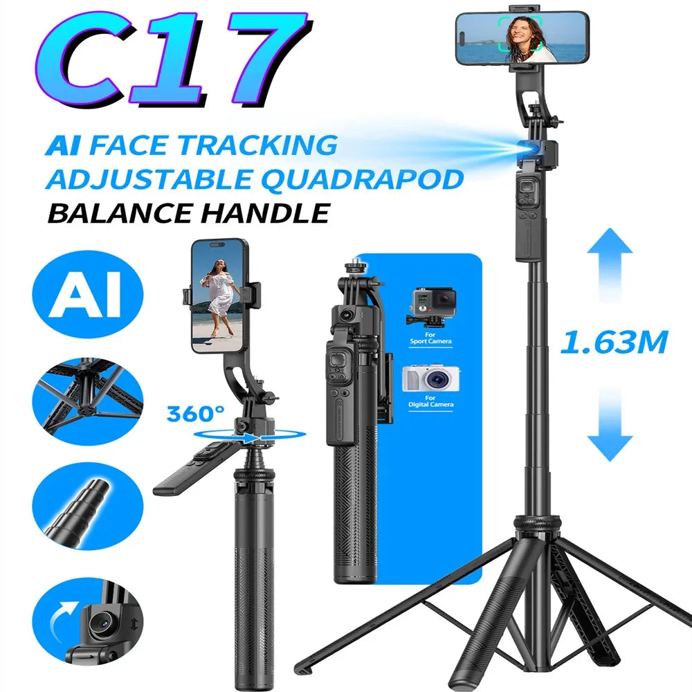 Selfie Stick Tripod Gimbal for Cell Phone 360° Auto-Rotation AI Tracking Stabilizer Shooting Quadrapod with Optional Fill Light
