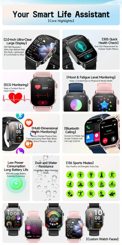 2026 New Professional-Grade Health Smart Watch Men ECG BP HR Uric Acid Lipid BMI Body Analysis Bluetooth Call Smartwatch Women