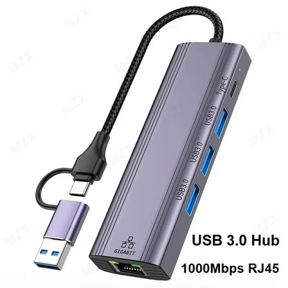MZX USB A Type C 3.0 Hub to RJ45 Network Card Converter 1000Mbps Ethernet Concentrator Adapter Docking Stattion Splitter Dock