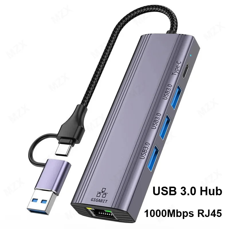 MZX USB A Type C 3.0 Hub to RJ45 Network Card Converter 1000Mbps Ethernet Concentrator Adapter Docking Stattion Splitter Dock