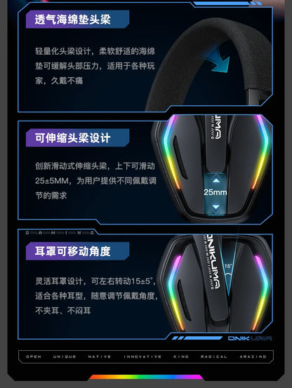 ONIKUMA GT826 Wireless Headset Gaming Headphone Tri Mode Connection Bluetooth USB C 2.4G Low Latency RGB Stereo Sound For PS5 PC