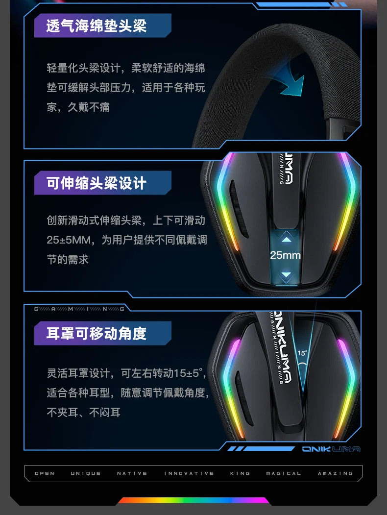 ONIKUMA GT826 Wireless Headset Gaming Headphone Tri Mode Connection Bluetooth USB C 2.4G Low Latency RGB Stereo Sound For PS5 PC