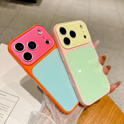 Fashion Dopamine Color-Block Phone Case for IPhone 18 Pro Max 17 16 15 14 Pro Max Candy-Color Glass Back Shockproof Phone Case