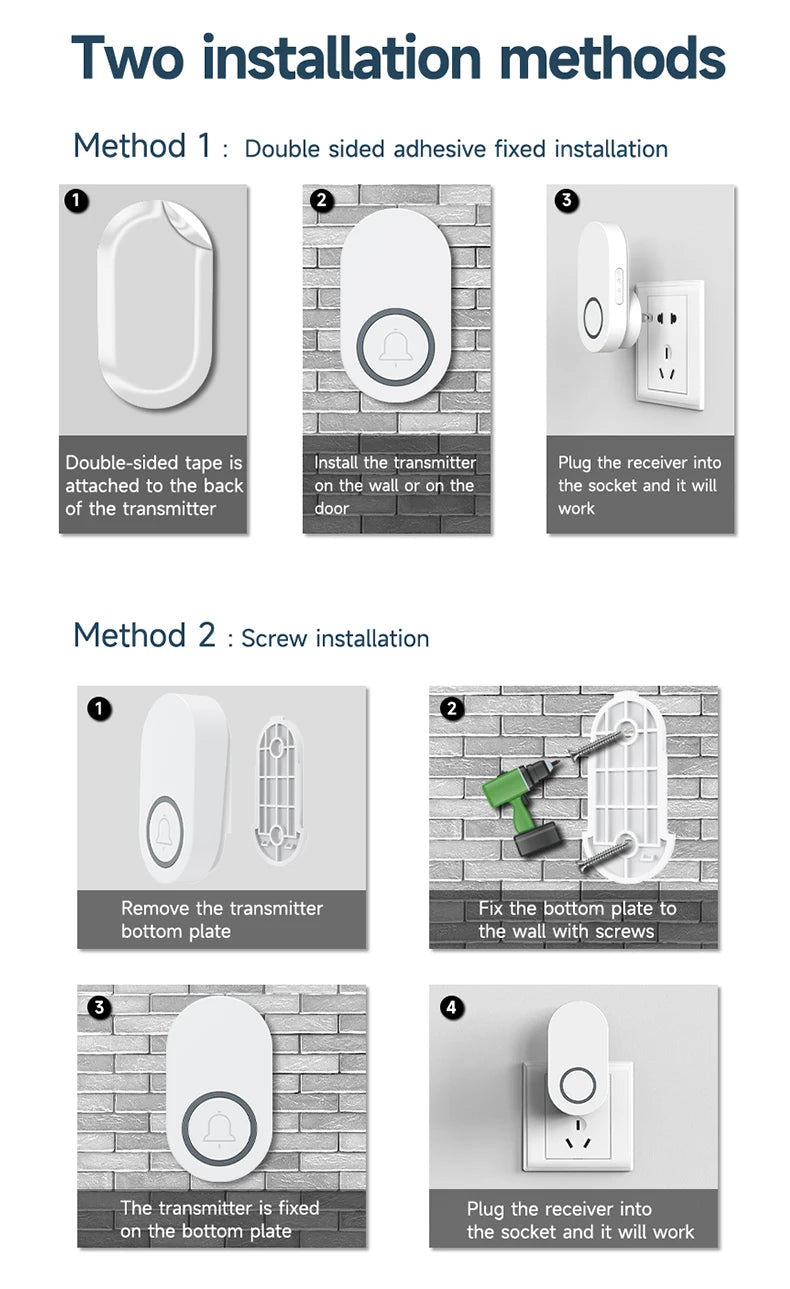 Newest Household High Volume Self Powered Wireless Doorbell US/EU/UK Plug Battery Free 60 Songs Waterproof Kinetic Door Bell