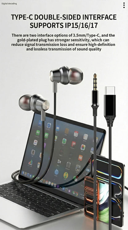 USB Type C Wired Earphones HiFi Stereo Surround 3.5mm in Ear Wired Headphones For Samsung Galaxy S26 S25 S24 Ultra Wired Earbuds