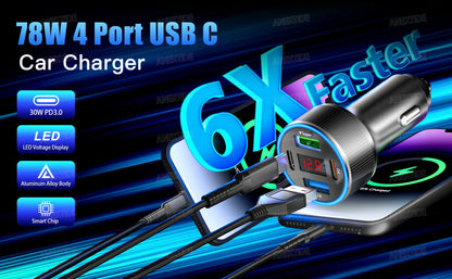 USB C Car Charger 4 Port Car Charger Adapter with LED Voltmer, Aluminium Alloy Car Cigarette Lighter USB Charger